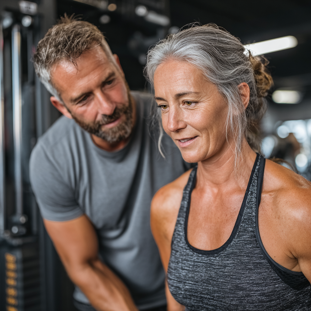 Professional male fitness trainer in his 50s working with mature female client during personal training session in bright gym environment, demonstrating safe exercise technique and personalized approach to adult fitness